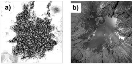 a). Delimitaci&oacute;n del &aacute;rea glaciar VNR utilizando la imagen de decorrelaci&oacute;n del par interfer&oacute;metrico del 02/12/2014 - 26/12/2014. b). Imagen Landsat 8 OLI TIRS para el 26 de diciembre del a&ntilde;o 2014. 