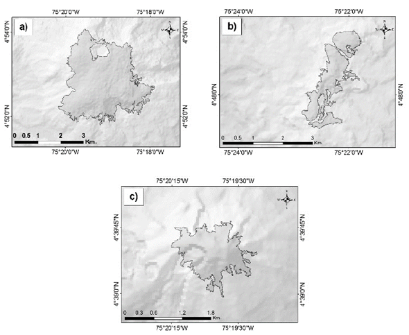 Delimitaci&oacute;n de &aacute;reas glaciares para el VNR (a), VNSI (b) y VNT (c), mediante la clasificaci&oacute;n supervisada de im&aacute;genes para la imagen Rapideye 2010.