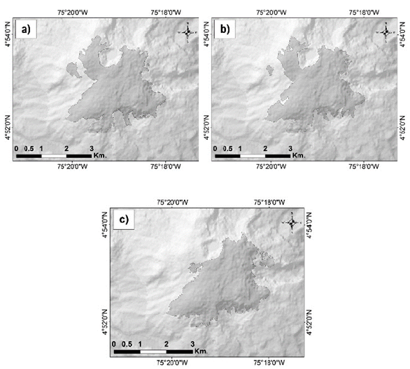 Delimitaci&oacute;n &aacute;rea glaciar para el VNR para las siguientes fechas: a). 29 de marzo del 2014, b). 26 de diciembre 2014, c). 24 de septiembre del 2015. Usando &iacute;ndices espectrales. Los pol&iacute;gonos grises representan el &aacute;rea glaciar.