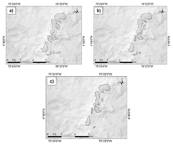 Delimitaci&oacute;n &aacute;rea glaciar para el VNSI para las siguientes fechas: a). 29 de marzo del 2014, b). 26 de diciembre 2014, c). 24 de septiembre del 2015, usando &iacute;ndices espectrales. Los pol&iacute;gonos grises representan el &aacute;rea glaciar.