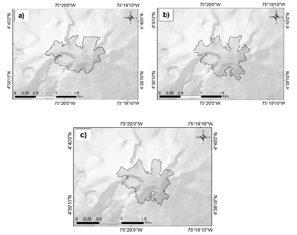 Delimitaci&oacute;n &aacute;rea glaciar para el VNT para las diferentes fechas usando &iacute;ndices espectrales, a) 29 de marzo 2014. b) 26 de diciembre 2014. c) 24 de septiembre 2015. Los pol&iacute;gonos grises representan el &aacute;rea glaciar.