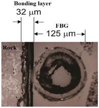 Microscope cross-sectional view and dimensions of the bonding layer and the optical fiber attached to the rock sample.
