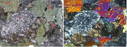 Microscope photo of the rock sample with epidote and titanite in thin section. Left: non polarized light. Right: polarized light, the minerals are: hornblende (Hbl), plagioclase (Pl) and sphene titanite (Ttn).