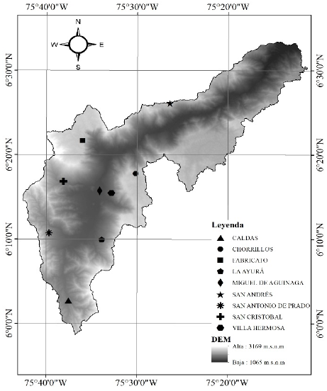 Cuenca hidrogr&aacute;fica del r&iacute;o Medell&iacute;n y localizaci&oacute;n de las estaciones pluviogr&aacute;ficas utilizadas.