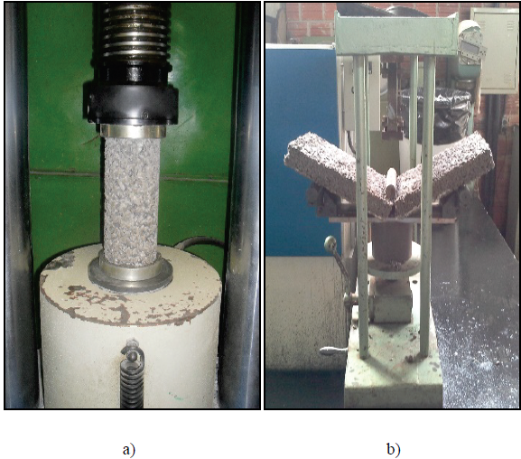 Mechanical tests performed: a) compressive strength and b) flexural strength.