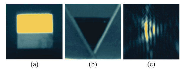 Experimental result for an OAM beam diffraction pattern (Topological charge is m = +3). Diffraction is produced by a straight edge of thickness &asymp; 660 [nm] (a), Equilateral triangular aperture used to obtain the topological charge of the OAM beam (b) and, obtained pattern c).