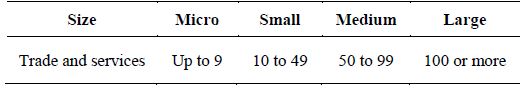 Classification of company size by number of employees for the service sector