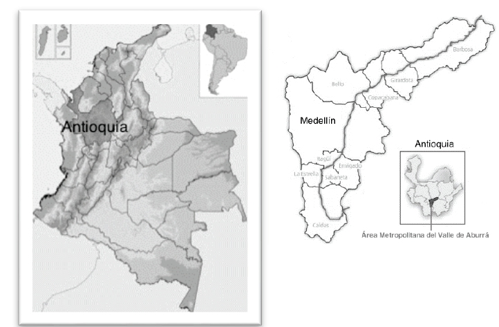 Localizaci&oacute;n del departamento de Antioquia (izquierda) y de Medell&iacute;n dentro del &aacute;rea metropolitana del Valle de Aburr&aacute; (derecha).