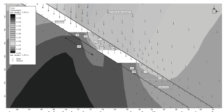 Modelo de desplazamientos totales de pilar y macizo circundante con explotación del panel superior e inferior.