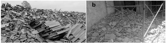 a) elementos no conformes de la industria ladrillera y b) residuo de mamposter&iacute;a.
