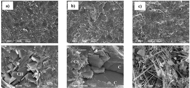 Im&aacute;genes SEM de: (a) PATRON, (b) 20% RM and (c) 50% RM a 360 d&iacute;as de curado.