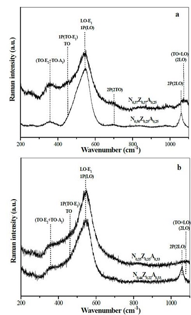 Raman spectra of solids N0,50Z0,25A0,25 and N0,37Z0,37A0,25 (a), N0,44Z0,22A0,33 y N0,33Z0,33A0,33 (b).
