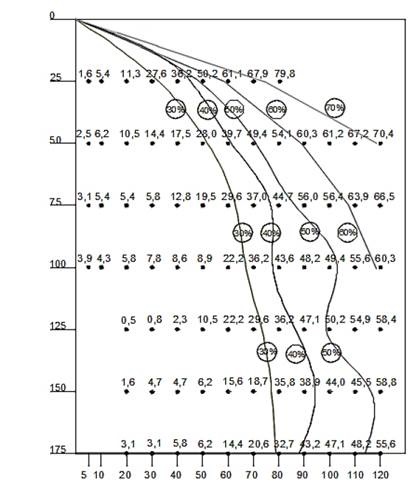 Isoconcentration curves for type B aluminum sulphate. Vertical axis: Depth (cm). Horizontal axis: Time (min). 