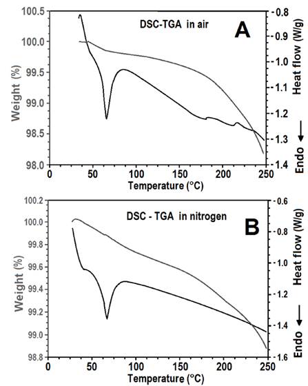 DSC and TGA analysis for the adhesive in air (A) and nitrogen (B) atmospheres.