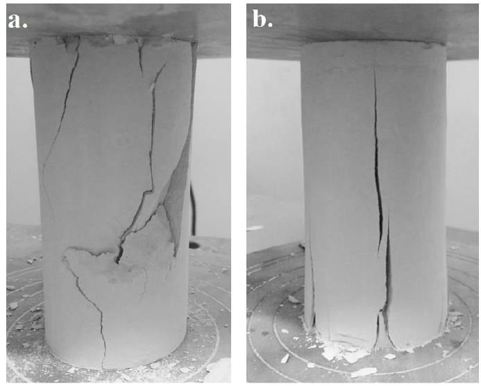 Orientaci&oacute;n de la falla en las probetas cer&aacute;micas despu&eacute;s del ensayo de resistencia a la compresi&oacute;n. (a). Esp&eacute;cimen 1 a 800 &deg;C. (b). Esp&eacute;cimen 2 a 800 &deg;C.