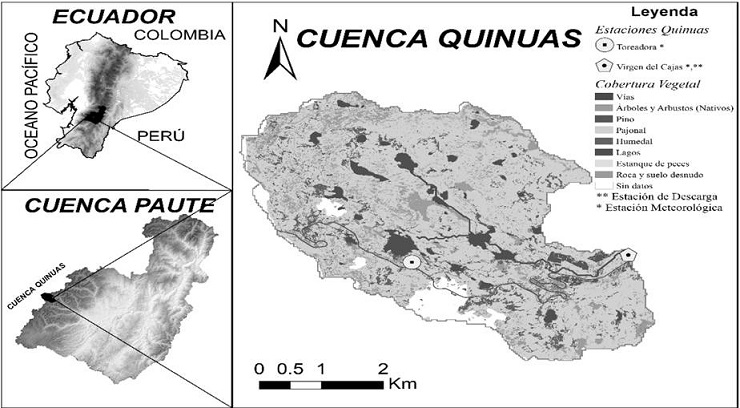 Zona de estudio, cobertura vegetal y localización de los sensores de medición.