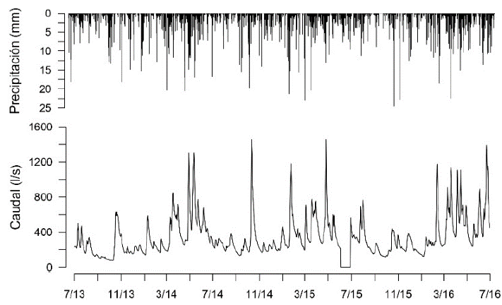 Precipitación y caudal diario en la cuenca del río Quinuas.