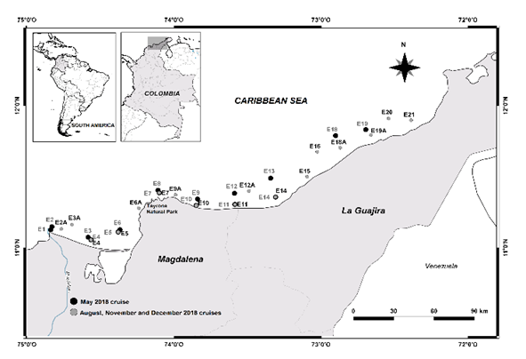 Location of sampling stations in research voyages conducted between May and December 2018. Region 1: E1-E6A. Region 2: E7-E21.