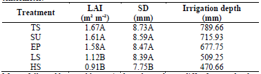 Average values of leaf area index (LAI) and stem diameter (SD) as a function of the different irrigation depths defined by the Hargreaves-Samani equation, weighing lysimeter, Pich&eacute; evaporimeter, soil moisture sensor and tensiometer.