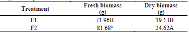 Fresh biomass and dry biomass of capsicum according to the different irrigation frequencies.