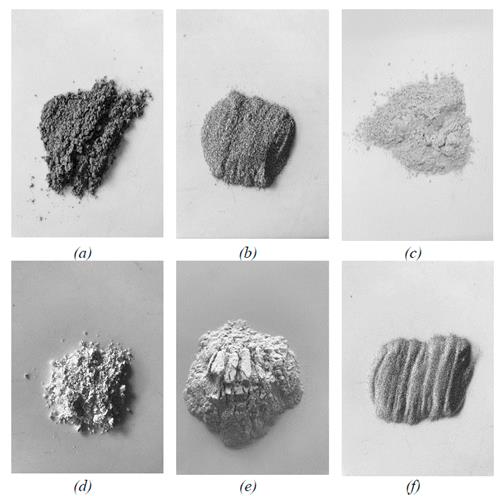 Materials used in this research: (a) Cement I 42.5 R; (b) condensed silica fume; (c) FC3R; (d) micro limestone powder; (e) recycled glass powder; and (f) silica sand.