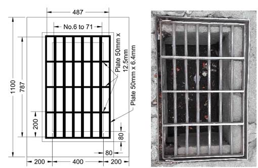 Dimensional detail and photograph of grate inlet type B (in mm).