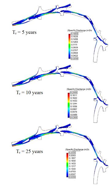 Spatial distribution of specific discharge (filtered) for a design rainfall of 10 minutes and return periods of 5, 10 and 25 years.