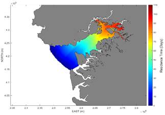 Residence time Buenaventura Bay Scenario II, final bathymetry, with dredging