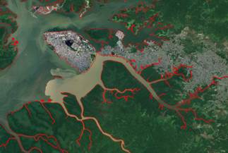 Satellite image of the turbid plume of rivers discharging sediments in Buenaventura Bay.