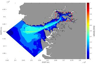 Average speed scenario I, without dredging. Area in red rectangle corresponds to zoom Fig. 9