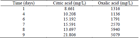 Concentration change of citric and oxalic acids during the fermentation process.