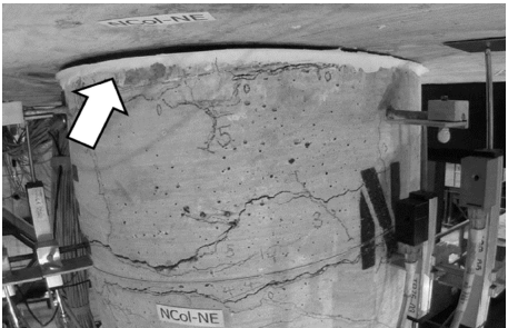View of top part of north column at instance of peak interface rotation during the 150%DE motion.