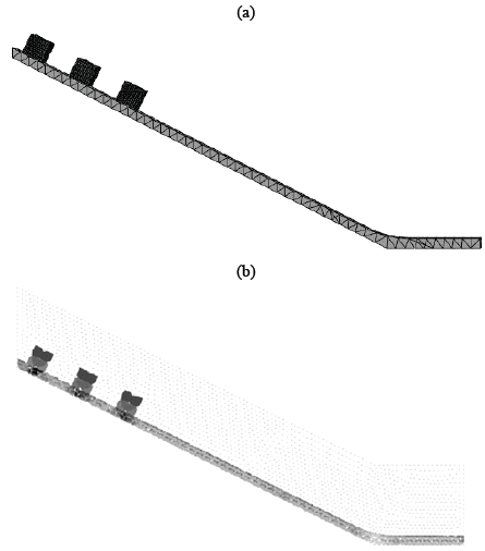 Initial configuration of the sliding blocks: (a) finite element method (b) material point method.