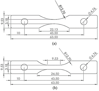 (a) ASTM D1822 type S and (b) ASTM D638 type V dumbbell-shape specimens (dimensions in mm).