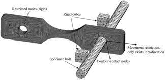 LS-DYNA model of the tensile-impact test simulation. When t > 0 the specimen bolt transmits a deformation in the specimen where the nodes move freely.
