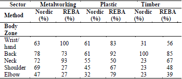 Comparison between the results of the Nordic questionnaire and REBA method.