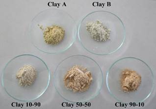 Photography of: Clay A top-left position, Clay B top-right position- and clay mixtures at10-90 bottom-left; 50-50 bottom-middle; and 90-10 bottom-right.