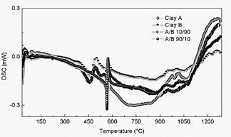 DSC curves for the mixtures A/B 10/90; A/B 90/10, Clay mineral B and Clay mineral A.