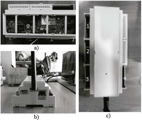 Developed Prototype views: a) Top board b) Right Side c) Terminal blocks identification.