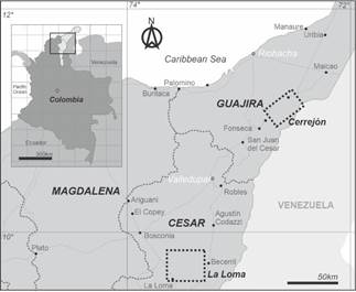 Location of the coal open pits areas in Guajira (Cerrejón) and Cesar (La Loma) where CBM's studies were advanced.