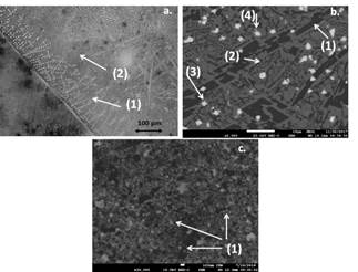 General microstructure: a) LOM, b) SEM, and c) NbC detail.