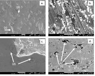 Wear mechanisms. a) Microcutting and microploughing on worn surfaces. b) Cracks and spalling of Nb carbides. Microcracks. d) Spalling near chromium carbides.