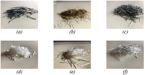 Algunos de los diferentes tipos de fibras para UHPFRC: a) met&aacute;lica acabada en ganchos (hook-end); b) met&aacute;lica lisa, c) met&aacute;lica retorcida (twisted), d) monofilamento de polivinilo de alcohol; e) fibra de polipropileno; f) fibra de polietileno.