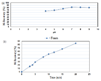 (a) Direct flotation test by activation by sulfidization. (b) Ni recovery Vs time in the activation process by sulfidization.