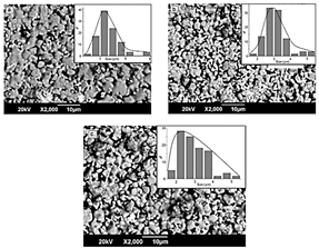 Scanning electron microscopy images and particle size distribution for (a) BFO, (b) BFO2, and (c) BFO4.