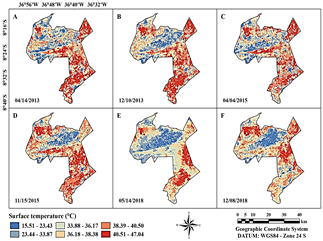 Spatial-temporal distribution of surface temperature in the rainy season: 04/14/2013 (A); 04/04/2015 (C); 05/14/2018 (E) and the dry season: 10/12/2013 (B); 11/15/2015 (D); 12/08/2018 (F).