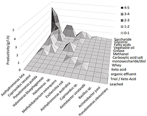 General illustration of the best productivities (Y axis) by species (X axis) and type of substrate (Z axis).