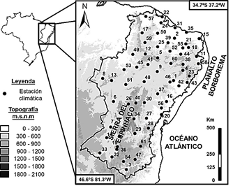 Localizaci&oacute;n de la regi&oacute;n semi&aacute;rida de Brasil y ubicaci&oacute;n de las estaciones clim&aacute;ticas (Tabla 1).