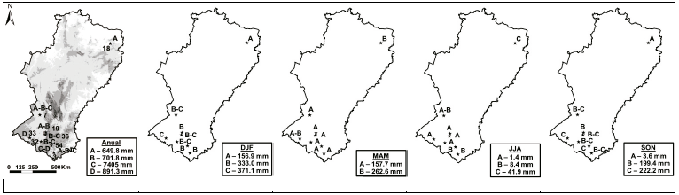Distribuci&oacute;n espacial de la precipitaci&oacute;n anual y trimestral (DEF, MAM, JJA, SON) y agrupaci&oacute;n de estaciones mediante el m&eacute;todo de Kruskall-Wallis en la regi&oacute;n semi&aacute;rida de Brasil entre 1981-2015. Los n&uacute;meros hacen referencian al c&oacute;digo de la estaci&oacute;n clim&aacute;tica utilizada.