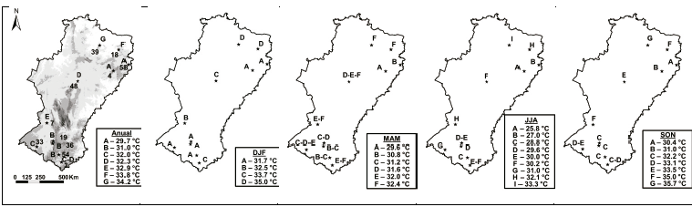 Distribuci&oacute;n espacial de temperatura m&aacute;xima anual y trimestral (DEF, MAM, JJA, SON) y agrupaci&oacute;n de estaciones mediante el m&eacute;todo de Kruskall-Wallis en el semi&aacute;rido brasile&ntilde;o entre 1981-2015. Los n&uacute;meros hacen referencian al c&oacute;digo de la estaci&oacute;n clim&aacute;ticas.